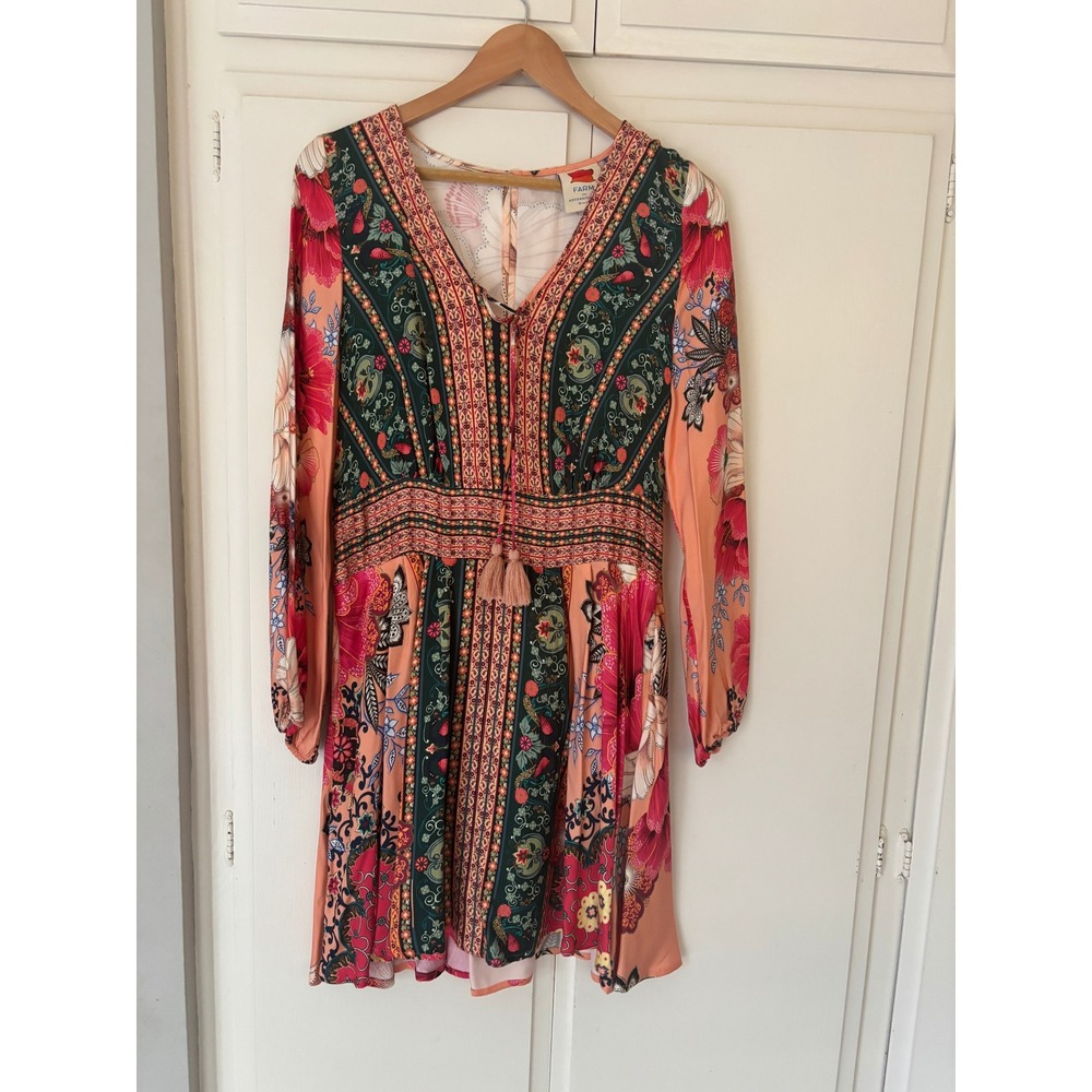 Farm Rio for Anthropologie Floral Boho Tassel Smocked Mini Dress Orange Pink M